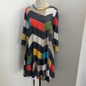 Multicolor Chevron A-Line Long Sleeve Mini Dress Tunic - will fit Sizes M-XL